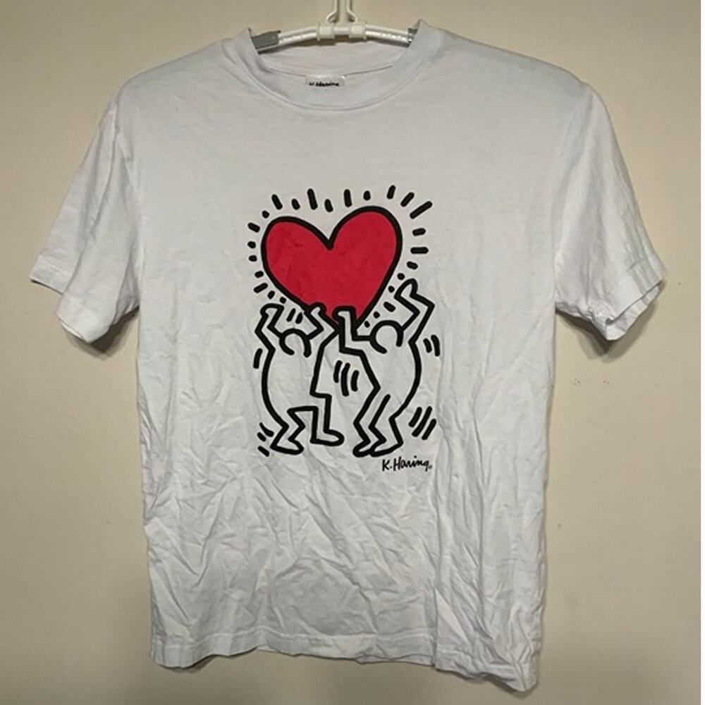 Keith Haring White Graphic Heart Organic Loose Fit T Shirt Men’s Size S USED